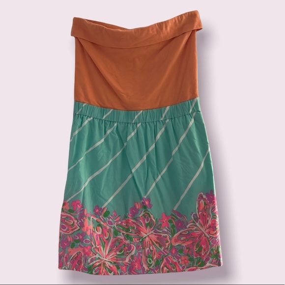 Lilly Pulitzer strapless dress peach top turquoise size small